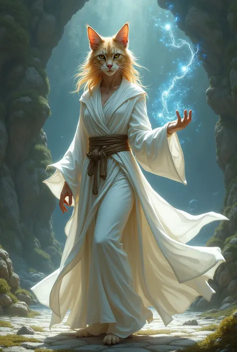 no universo de dangeons and dragons crie: uma tabaxi mago com vestes brancas (feminino)