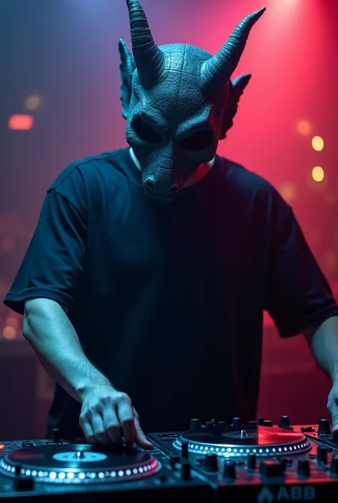 A DJ with a black t-shirt and gargola mask