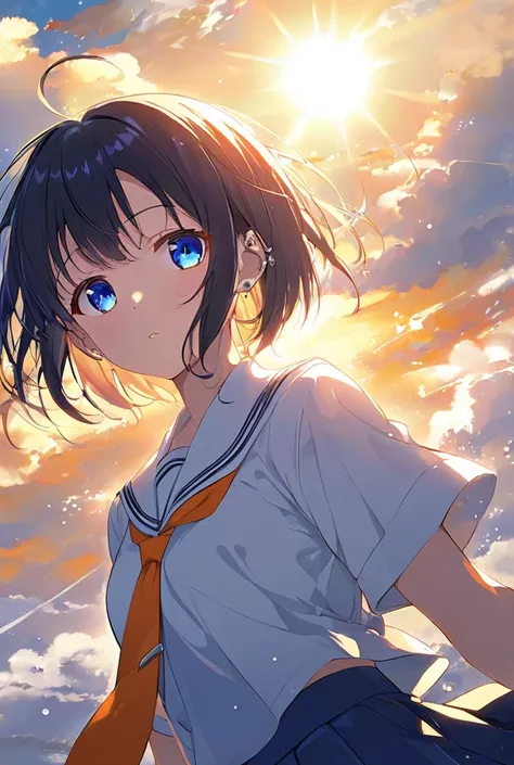 A tender anime scene of a girl whose piercing blue eyes glisten like the morning dew. Her classic Japanese school uniform, paired with a bright orange necktie, contrasts against the golden sunlight streaming through the clouds, filling the air with an almo...