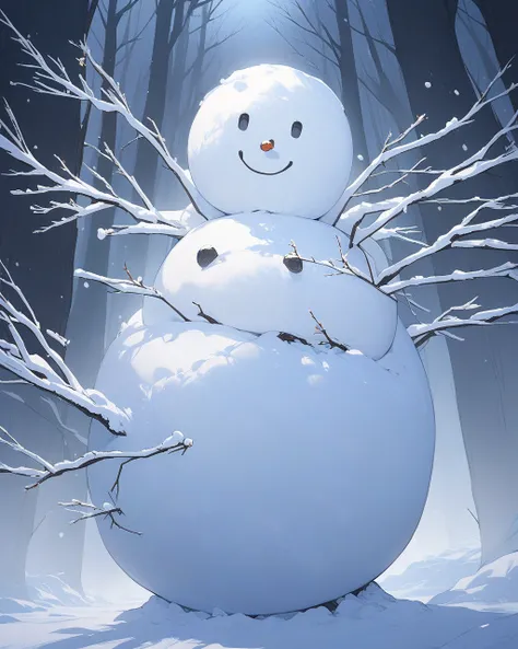 {  top quality }, {  super detailed }, {  BEST ILLUSTRATION }本格的な snowman、Hand on a tree branch、 snowman