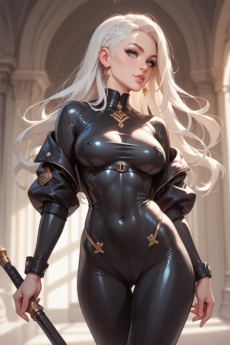 White-haired girl wearing tight black bodysuit 