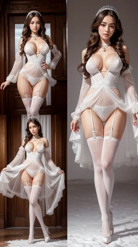 Japan pretty girl with amber eyes，long wavy red black hair, ponytails, Elegant and tall, full body shot，(Wearing a french style beautiful and luxurious ultra thin white translucent dress:1.3)，Perfect for her figure and beautiful lines, Lots of breasts expo...