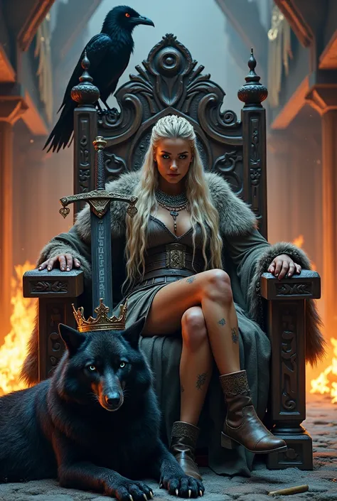 A commanding and sensual Viking queen sits majestically on a massive, intricately carved wooden throne, adorned with ancient Nordic runes and fierce animal motifs. The throne is draped with luxurious fur pelts of wolves and bears, symbolizing her dominance...