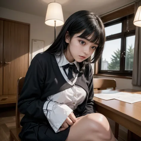 One girl, black Asian school uniform with long sleeves,Girl sitting on the chair and writing on the table, Lamp on ,( side view),Straight black hair short bob,fringe,fringe lisa) one side up ,beautiful and detailed,( room with poor lighting :1.5), (Girl si...