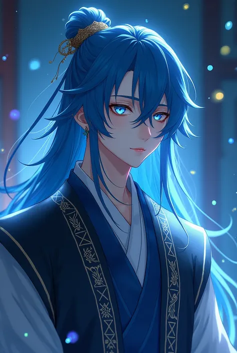 20-year-old effeminate man with long bright blue hair cold eyes similar to a starry night ancient Chinese clothing ( anime style )