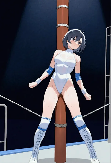  Female Pro Wrestler ,Pure white leotard,Elbow guard, leg protectors , pro wrestling wire rope that crosses a rope,Place it on the wire rope ,Pinch the wire rope between your crotch,Slide your crotch over the rope,friction,Blood from the groin,boyfriend