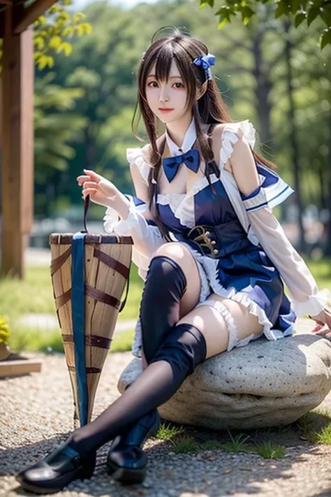  Cosplayer in purple and blue costume is sitting on a stone, anime girl cosplay, Japanese model cosplay  , Gorgeous cosplay, looking at camera、 Detailed Beautiful Eyes 、 cute smile、 a soft and gentle expression 、The background is a deep forest