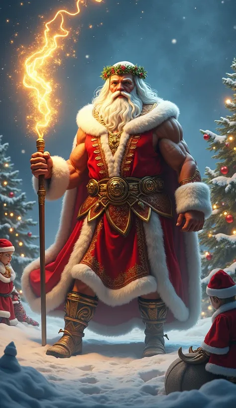 "Imagine a powerful hybrid of Zeus and Santa Claus merged into a single mythical figure. This being has the robust, muscular frame of Zeus, adorned with a regal red and white robe styled like Santa’s suit, featuring golden lightning bolts as accents. His f...