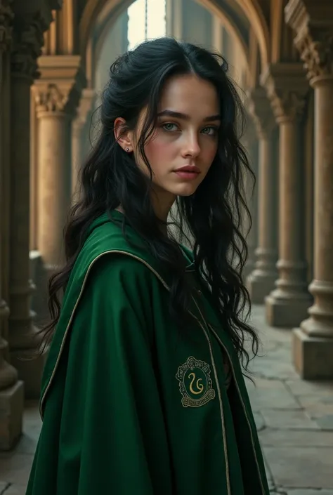 A young female student with jet black hair and moss green eyes who wears a Slytherin uniform.