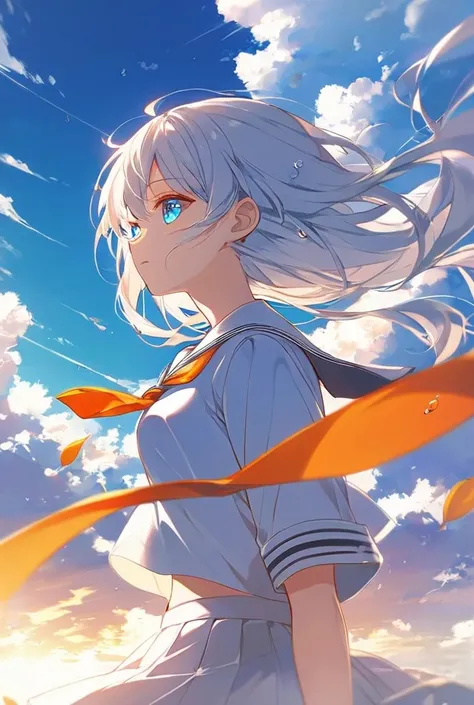 An anime portrayal of a girl whose vibrant blue eyes seem to carry unspoken dreams and reflections. Her hair gently flows in the breeze, and her sailor-style uniform, brightened by an orange necktie, becomes a part of the serene yet deeply introspective se...