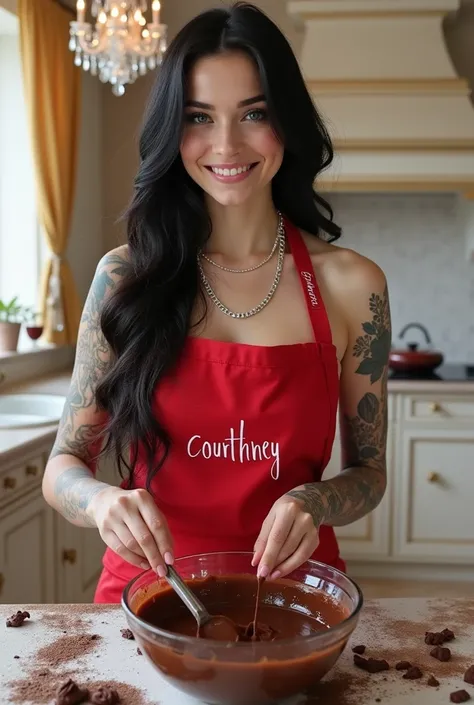 Full back view, cute and pretty woman with a tender face, white skin, blue eyes, lips with pale pink gloss, long eyelashes, extra long straight black hair with red highlights,customized diamond chain say “courtney ” leg tattoos wearing a red a apron say “D...