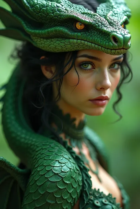  beautiful young woman Gorgon , Magician ,  beautiful face ,  green snakes ,  bright yellow eyes ,  bright yellow eyes ,  she wants to make love with us {x} green dragon wings in the back,  she wants to make love with us ,  beautiful face , 