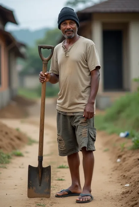 Indonesian man, s . Wearing a worn T-shirt, wearing torn shorts, wearing flip-flops. Wearing a black beanie hat. Standing and carrying a hoe. Face turned to the camera. Background of a housing construction project.