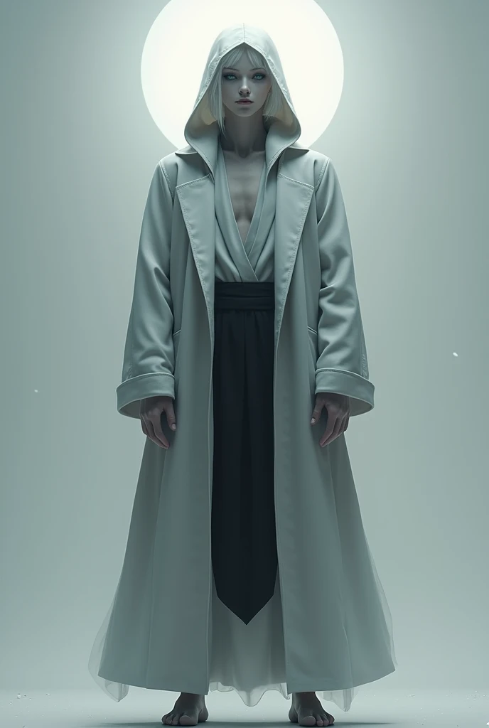 White skin. Gray eyes. Short hair. Gray gradation at the end of the head. Hand and foot translucent. Hood. Long coat. Gray long coat. Coat end gray gradation. Prosecutor wearing black on waist. Halo. Man. Divine. Gray aurora. High definition. Son of creati...