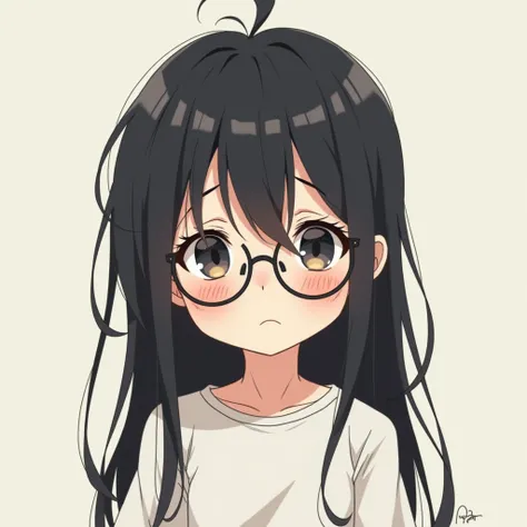  1 girl, anime, black hair,  Details,  boobs, shut mouth, sleepy,  simple background,  Wearing Glasses, Anime, ทรงผมยุ่งๆ, long bangs,tried face,white T-shirts,ผมดังโงะสองข้าง, 