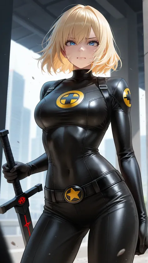 Magik from marvel universe, girl hold great black sword, blonde, blue eyes, black clothes, Score_9, Score_8_up, Score_7_up, Score_6_up, Score_5_up, Score_4_up, Source_anime, Tag1, Tag2, Quality_masterpiece, Anatomically correct, face, Perfect face, Highly ...