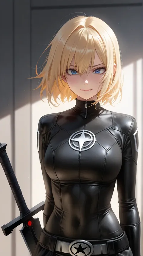 Magik from marvel universe, girl hold great black sword, blonde, blue eyes, black clothes, Score_9, Score_8_up, Score_7_up, Score_6_up, Score_5_up, Score_4_up, Source_anime, Tag1, Tag2, Quality_masterpiece, Anatomically correct, face, Perfect face, Highly ...