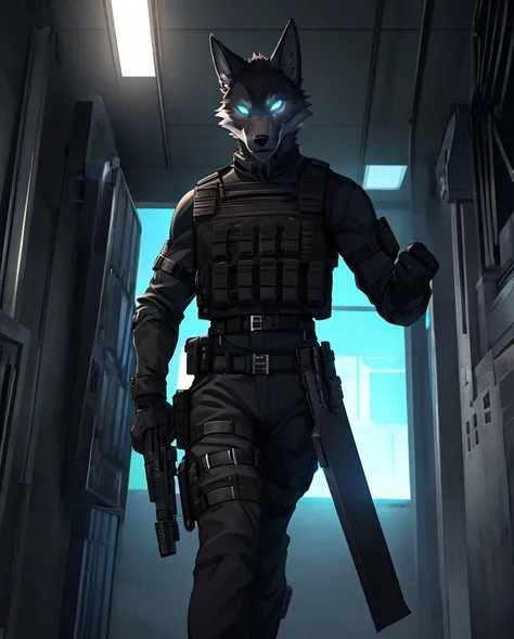 Wolf， slender， Im wearing a bulletproof vest ， Im wearing a black suit，I have a hip harness ， I have a weapon holster ，Im infiltrating a facility and have ，blue glowing eyes