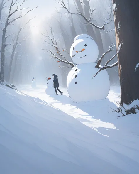 {  top quality }, {  super detailed }, {  BEST ILLUSTRATION }本格的な snowman、Hand on a tree branch、 snowman、