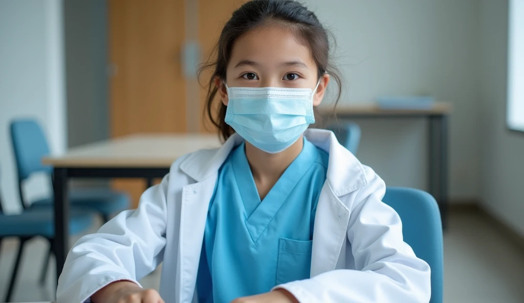  "A girl wearing blue clothes with a white doctors jacket over them and a mask on her face. She is sitting on a chair with a table in front of her. The background features a room setting, making it look like she is in an indoor environment, possibly a clin...