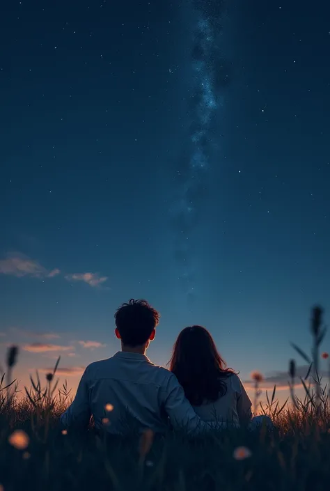 I want to create an image that looks real ,  with a brown-haired man and a woman,  shoulder-length black hair, lying on the grass, looking at the star-covered sky ,  with some constellations and at night .