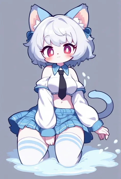 1girl, long white stockings with light blue stripes on the thighs, light blue plaid skirt, short white shirt,the shirt does not cover the abdomen, with black tie, light blue cat hat , short white hair, blushing face,, with cum coming out of her vagina