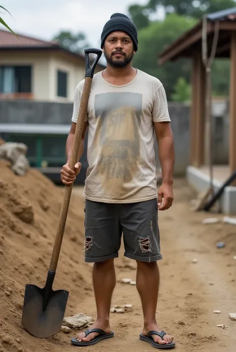 Indonesian man, s. Wearing a worn T-shirt, wearing torn shorts, wearing flip-flops. Wearing a black beanie hat. Standing and carrying a hoe. Face turned to the camera. Background of a housing construction project.