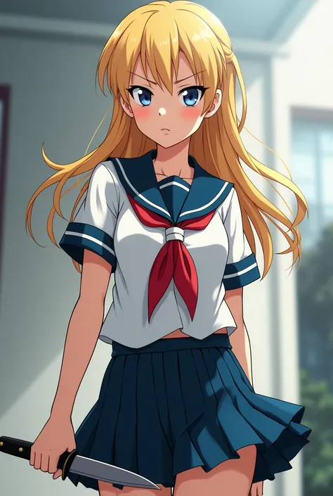 Upright form 
anime
Blonde, school uniform , cầm dao 🔪 cứa tay