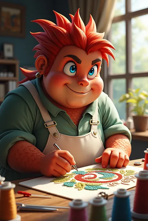 Male half-dragon human using the art of embroidery. Red hair, blue eyes, plump shape