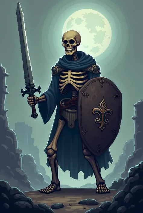 Create a pixel ar drawing of an skeleton with a shield and sword