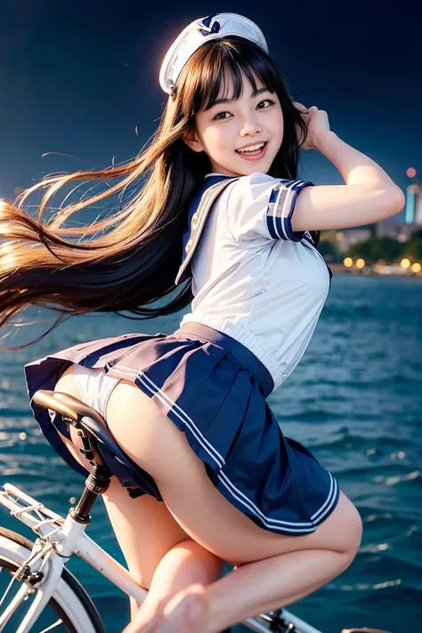   High Quality ,   detailed eyes,   has long eyelashes,   High Quality ,  cute girl,take ,vehicle, ( riding a bike:1.5) ,(( sailor suit:1.5), ((navy blue skirt 1.5)),  dynamic photography at Disney and ride ,laugh hysterically , Happy smile,  Amazingly big...