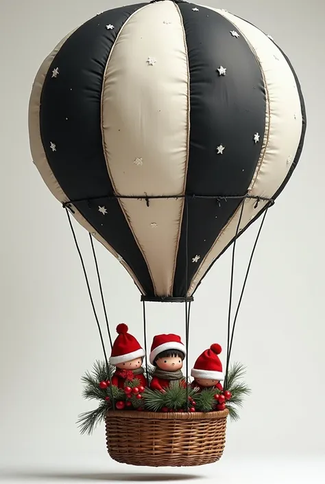 a striped Christmas air balloon in black and white where 2 s and 2 boys are wearing Christmas stars