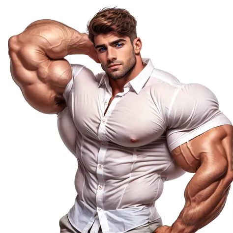  a very handsome and sturdy man , beautiful eyes,  wearing a tight white button-down shirt,  bursting and tearing , muscular,  on a white background , Handsome Spaniard , bodybuilder, only