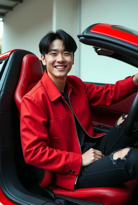 Photo of a Korean guy Handsome white skin with bangs wearing a red jacket and long black jeans torn knee thin black shoes again in a Ferrari car while smiling 