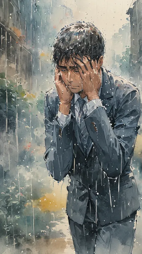  watercolor painting of a man in a suit in the rain .  full body photo of the man drenched in rain.  he raises his head to face the rain , rainwater flows down his face . Hes walking down the street ,  extending his hands to feel the rain .  watercolor bru...