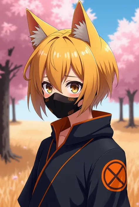 A yellow-haired anime-like man with sakura trees and a field that has medium ears and a serum mask is half his face and his clothes are like ninjas and have cat ears and an orange and black mouth cover