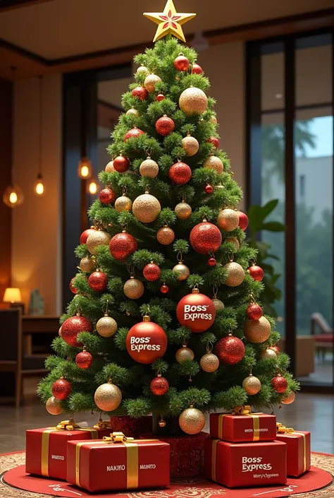 Christmas tree with packages bearing the Boss Express logo, That it has a Merry Christmas logo and Guatemalan decorations