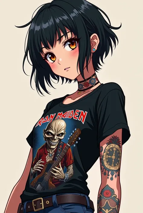  Create a teenager wearing a black blouse by the band Iron Mainden. She is white, thin, tattooed and pierced .  She has short black hair .  anime cartoon version .