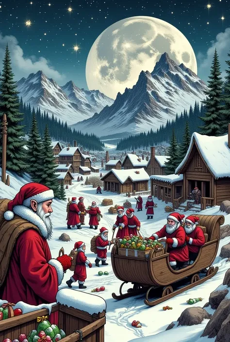 (Ultra-detailed face, Looking away, Fantasy Illustration with Gothic, Rich tone colors.), BREAK 
(This is the village of Santa Claus in a fantasy world. A very cold coniferous forest is near the village, a small waterfall is on a mountainside a short dista...