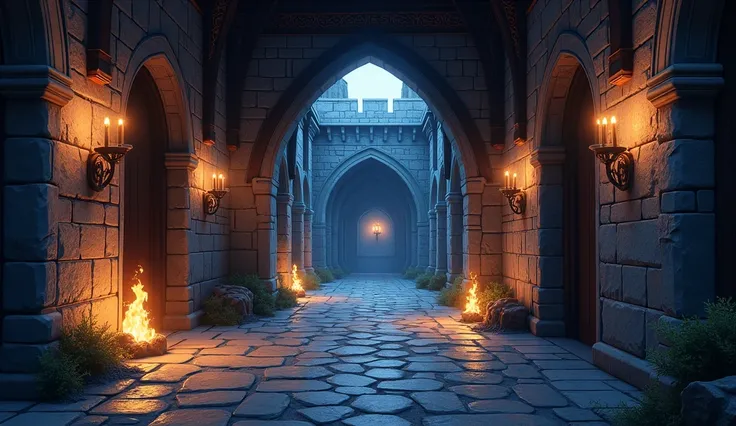  a setting inside the medieval castle ,  with stone floors ,  the background is at night with medieval lights, In anime art 