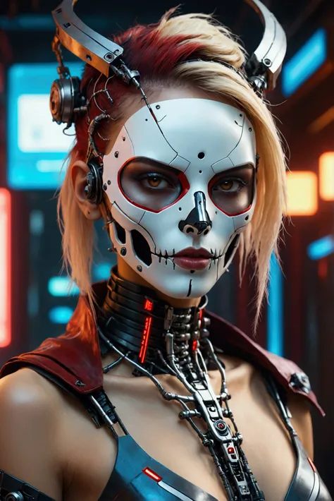 arafed woman with a mask and a metal headpiece, cyberpunk face, beautiful cyberpunk girl face, cybernetic machine female face, hyper-realistic cyberpunk style, wojtek fus, cyberpunk style ， hyperrealistic, cyberpunk horror style, cyborg girl, cyborg - girl...