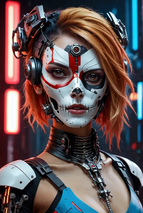 arafed woman with a mask and a metal headpiece, cyberpunk face, beautiful cyberpunk girl face, cybernetic machine female face, hyper-realistic cyberpunk style, wojtek fus, cyberpunk style ， hyperrealistic, cyberpunk horror style, cyborg girl, cyborg - girl...