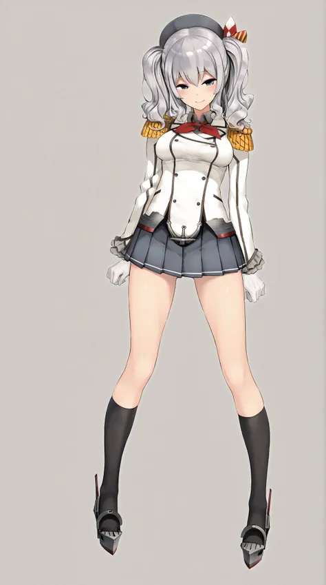  Young Beautiful Woman,(masterpiece:1.3, top quality :1.3, very detailed depiction:1.3, incredible high resolution:1.3,Beautiful legs, healthy legs,Curvaceous Body,High quality anime drawings),(Kashima/( kancolle /):1.2), pleated skirt, black knee-high soc...