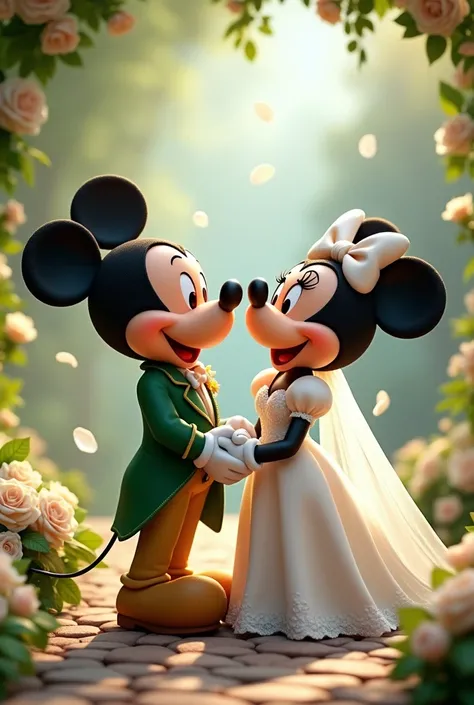 Mickey and Minnie married .  Mickey in a green suit and Minnie in a white dress. WHITE ROSES.