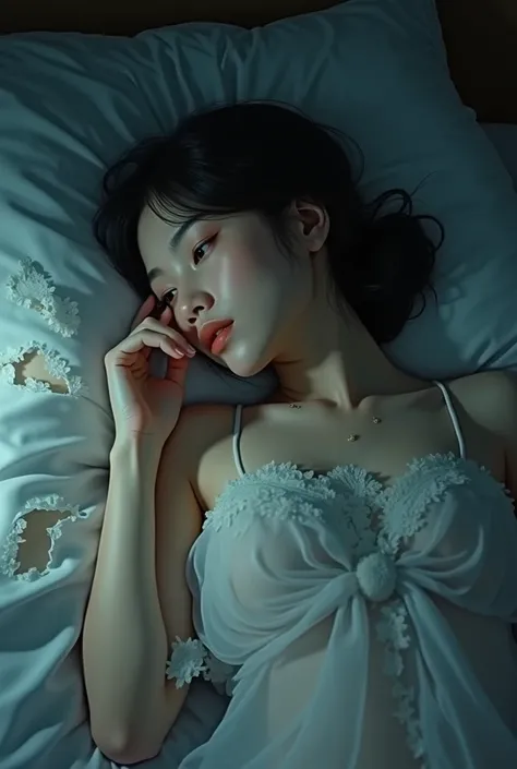 Pov, chinese girlfriend, chiffon dress, tattered dress, in the middle of night, lying down