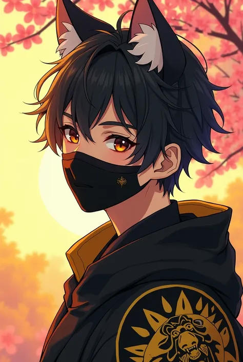 A man in black and yellow anime-like and with sakura trees and who have a field that his ears are medium and that the serum mask is half his face and that the clothes are like ninjas and who have cat ears and a black mouth cover with a Chinese drawing