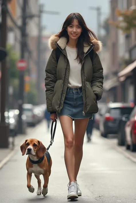 japanese woman, mini skirt, white sneakers, beautiful legs, walking with her dog of beagle, sweaty, smiling, 20 years old, down jacket,  top quality , masterpiece, accurate,  Ultra Fine,  very detailed,  textured skin ,  Big Breasts ,  earrings for women w...