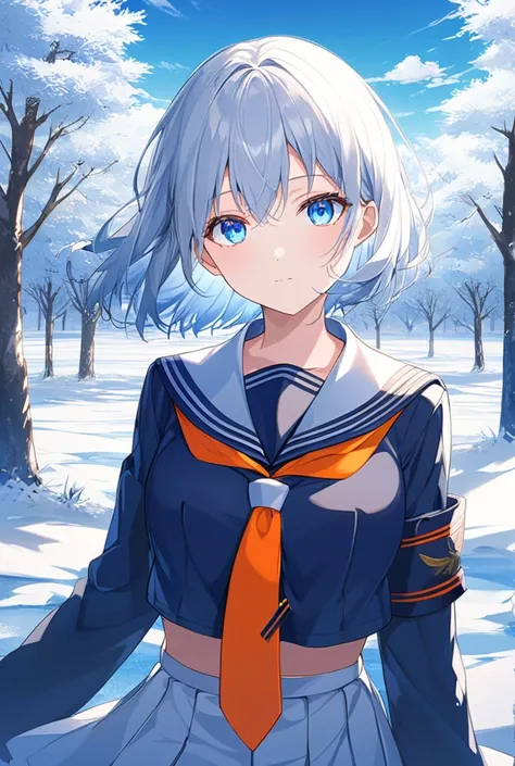 An evocative anime artwork of a girl framed by a frosty winter landscape. Her navy sailor uniform and bright orange necktie provide a warm contrast to the cool blue sky, while her soft blue eyes reflect the icy yet beautiful essence of the season.