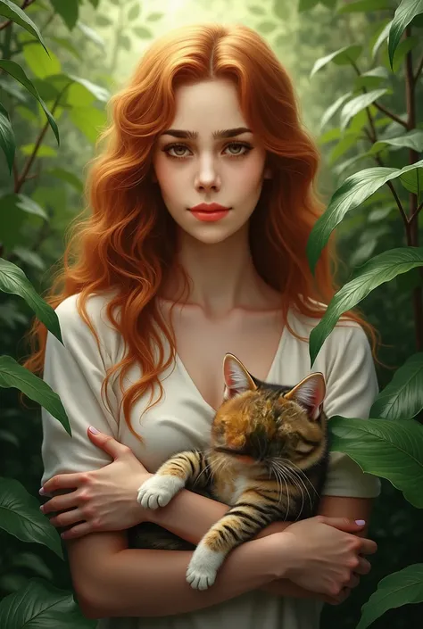 Refait moi cette personne avec les meme caractéristiques physique et les meme couleurs de cheveux et de yeux avec un chat dans les bras au milieux de plantes 