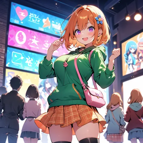  One Girl 、 green hooded hoodie with avant-garde design、 One Curl Bob Cut ,  cute white inner shirt ,  top quality 、Ultra-detailed eyes, 20 color light ,  fashionable clothes, Orange Hair、 purple eyes、smile、Big Breasts、 Game Center,  orange check skirt , D...